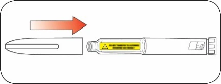 Red arrow pointing right indicating the sliding movement of a protective cap toward the device