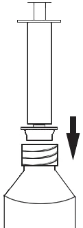 Disegno tecnico di una siringa che viene inserita verso il basso in un flacone di vetro tramite una freccia nera che indica il movimento