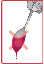 A hand holds a spoon with red liquid dripping from it, overlaid on a large red prohibition cross