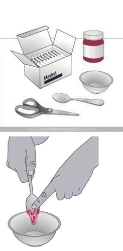 Open box of Maviret with sachets, jar, white bowl, spoon, and scissors, and a hand using the spoon to mix pink powder in a bowl