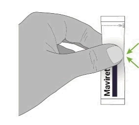 A hand holds a white sachet labeled Maviret, with a green arrow indicating the pull point to open it