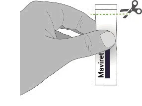 A hand holds a white cylindrical package labeled Maviret, with a green dashed line and scissors symbol indicating where to cut