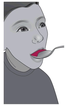 Black-and-white drawing of a person with an open mouth receiving a spoon with red liquid
