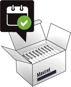 Open box containing several Maviret packages with one