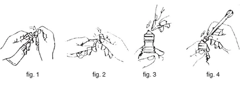 Quattro disegni sequenziali che mostrano le mani che aprono un flaconcino, rimuovono il tappo, inseriscono l'ago e prelevano il liquido