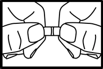 Two hands holding and separating with fingers a small central rectangular object in a schematic black and white drawing