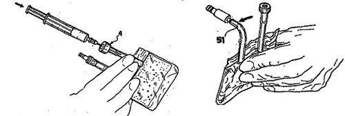Disegno tecnico che mostra due fasi dell'iniezione con siringa e ago piegato inseriti in un tessuto cutaneo con mani che stabilizzano la zona