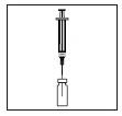 Disegno tecnico in bianco e nero di una siringa con ago rivolto verso il basso per aspirare liquido da un flacone medico sottostante