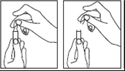 Due disegni lineari mostrano mani che tengono un piccolo flaconcino per aprirlo o manipolarne il tappo con le dita