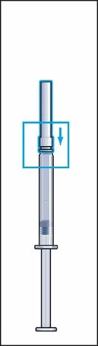 Diagramma tecnico di una siringa verticale con una freccia blu rivolta verso il basso che indica il movimento di pressione del pistone