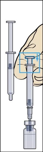 Diagramma medico che mostra una siringa con ago inserita in un flaconcino di vetro per il prelievo del farmaco con un riquadro azzurro di evidenziazione