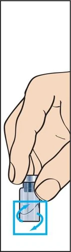 Una mano tiene un piccolo flaconcino di vetro con due frecce blu curve che indicano un movimento rotatorio per aprirlo o chiuderlo
