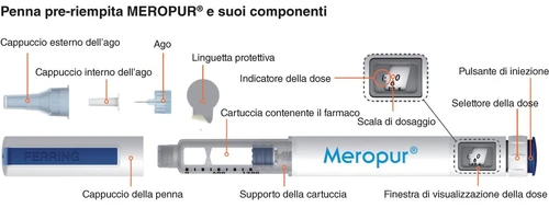 Diagramma della penna pre-riempita Meropur con componenti: cappuccio, ago, linguetta, cartuccia, indicatore, pulsante e selettore della dose