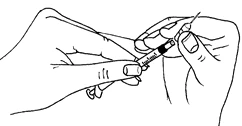 Due mani che tengono e preparano una siringa con ago per l'iniezione di un farmaco liquido in un disegno lineare in bianco e nero