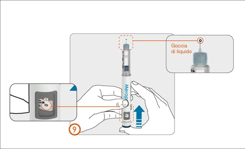 Diagramma medico che mostra mani che impugnano una penna iniettiva con dettagli su una goccia di liquido e un'apertura laterale del dispositivo