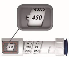 Dettaglio di un dosatore medico con scala graduata che mostra i numeri 437.5, 450, 187.5, 200, 212.5 e altri valori numerici su fondo bianco