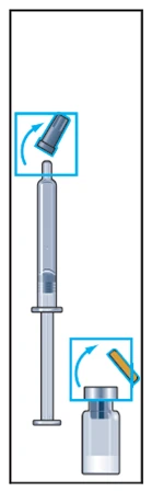 Diagramma che mostra una siringa con ago e un flacone di vetro con frecce blu che indicano il movimento di rotazione per l'apertura o chiusura