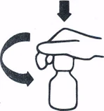 Schematic drawing of a hand pressing downward on a spray bottle with a vertical arrow and a curved arrow indicating rotation