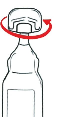 Disegno schematico di una boccetta con una freccia rossa curva che indica il movimento di rotazione del tappo verso destra