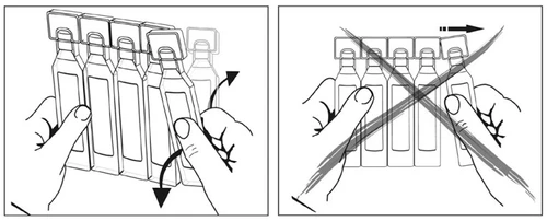 Disegno tecnico che mostra due mani che separano correttamente le fiale da un blister e un'illustrazione barrata con una X che indica l'errore