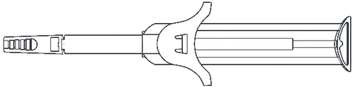 Black and white technical drawing of a syringe or medical device with a cylindrical body, central handle, and tip featuring small protrusions