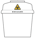 White waste container with a lid and a yellow biological hazard symbol on a triangular background with the word BIOHAZARD
