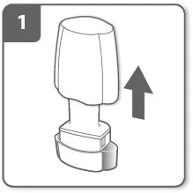 Disegno tecnico di un dispositivo medico con una freccia rivolta verso l'alto che indica il movimento di rimozione del cappuccio superiore