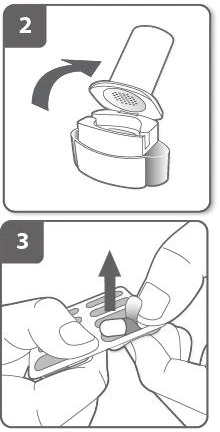 Diagramma medico che mostra il passaggio 2 con l'apertura di un contenitore e il passaggio 3 con mani che estraggono una pillola da un blister