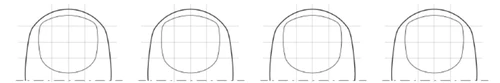 Quattro diagrammi lineari identici che mostrano la forma di un polpastrello visto frontalmente con una linea tratteggiata alla base