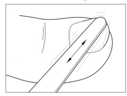 Disegno lineare di un dito che viene sfregato avanti e indietro con un bastoncino piatto indicato da due frecce direzionali opposte