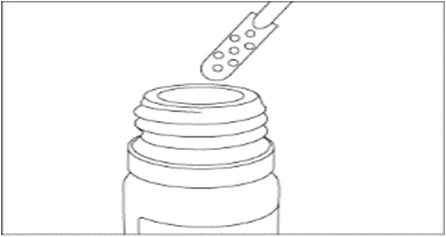 Disegno lineare di un flaconcino di vetro con collo scanalato e un dispositivo medico con piccoli fori che si avvicina al bordo superiore