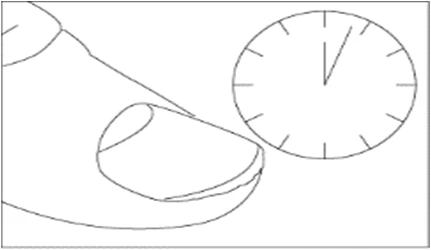 Disegno lineare di un dito con l'unghia accanto a un orologio analogico con lancette che indicano l'ora
