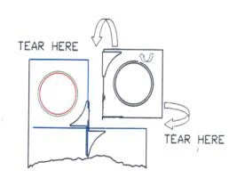 Диаграмма с надписью TEAR HERE и изогнутыми стрелками, указывающими, как разорвать упаковку, чтобы получить доступ к центральному кругу препарата