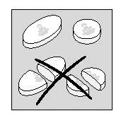 Disegno schematico di tre compresse intere e quattro compresse spezzate a metà con una grande croce nera sopra le parti divise