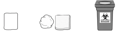 Disegno in bianco e nero di una garza, un batuffolo di cotone e un contenitore per rifiuti biologici con simbolo di rischio biohazard