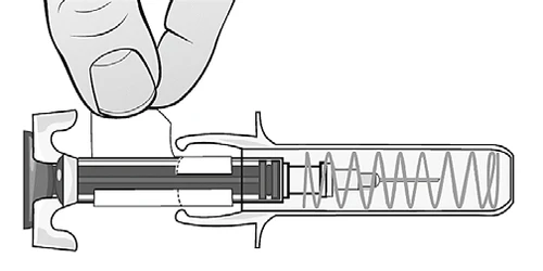 Disegno tecnico in bianco e nero di un dispositivo medico a siringa con un meccanismo a molla interno e un pistone laterale