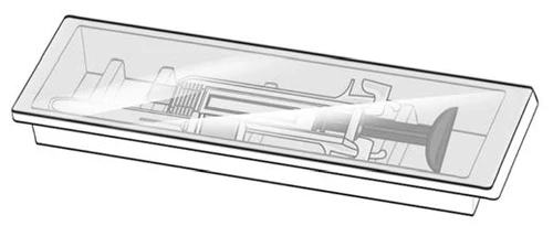 Disegno tecnico di una siringa preriempita contenuta all'interno di un contenitore di plastica trasparente rettangolare con coperchio a incastro