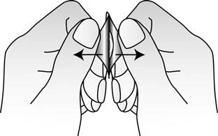 Two hands holding a pointed object with black arrows indicating lateral opening and closing movement between the fingers