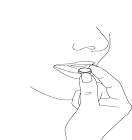Thin line drawing of a hand offering a circular tablet toward the open lips of a person for