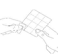 Two hands holding and separating a dressing sheet divided into a grid of small white squares on a transparent background