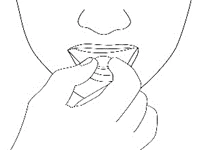 Black line drawing of a hand holding an open container near a person's mouth for administration