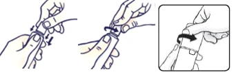 Three illustrations show hands holding a cylindrical medical device rotating it in different directions indicated by black curved arrows