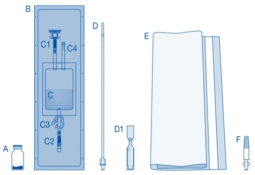 Diagrama médico con componentes etiquetados: frasco A, recipiente B con jeringa C, aguja D, vial D1, campo quirúrgico E y dispositivo F sobre fondo blanco