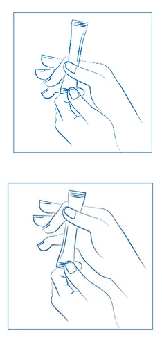 Disegno lineare blu di due mani che tengono e manipolano una piccola bustina o un tubetto stretto e allungato per l'apertura o l'uso