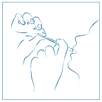 Disegno a linee blu che mostra due mani che impugnano una penna iniettiva per somministrare un farmaco vicino al profilo di un volto
