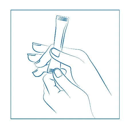 Disegno a linee blu di due mani che tengono e aprono una piccola bustina monodose di medicinale