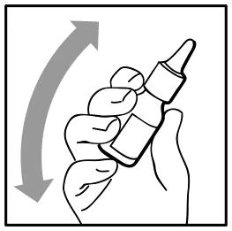 Una mano tiene una boccetta di farmaco con una freccia curva grigia che indica un movimento di rotazione verso l'alto e verso il basso