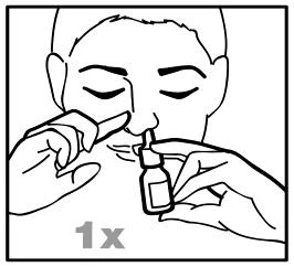 Disegno in bianco e nero di una persona che tiene un flaconcino con una mano e applica il contagocce al naso con l'altra mano