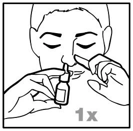 Disegno lineare di una persona che tiene un flacone spray vicino al naso con una mano e preme il dosatore con l'indice dell'altra mano