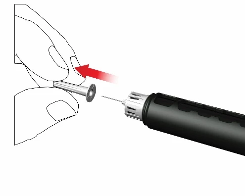 Una mano sostiene un dispositivo médico mientras una flecha roja indica la